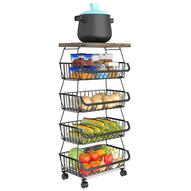 Black six layer freestanding kitchen storage rack with floor trolley base