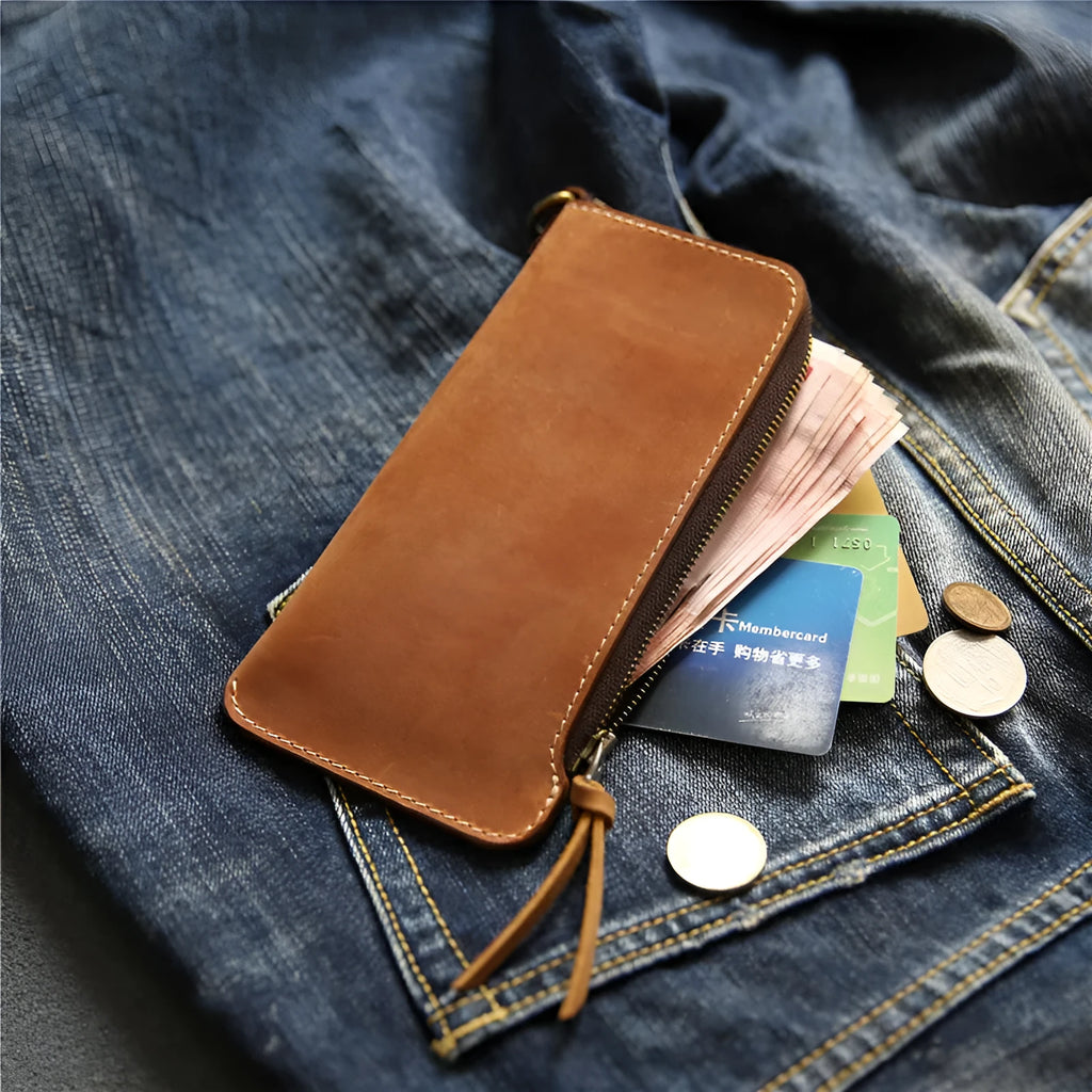 Men's genuine leather zip wallet 18cm top layer cowhide dark brown Crazy Horse leather sewing line detail