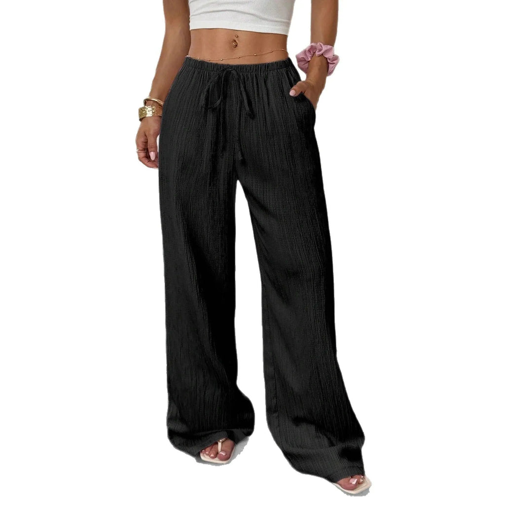 Women's black wide-leg trousers with lace-up waist detail