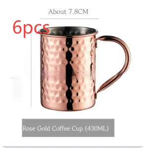 Copper plated stainless steel Moscow Mule mug in hammered and smooth styles, shown in silver, gold, rose gold, and black.