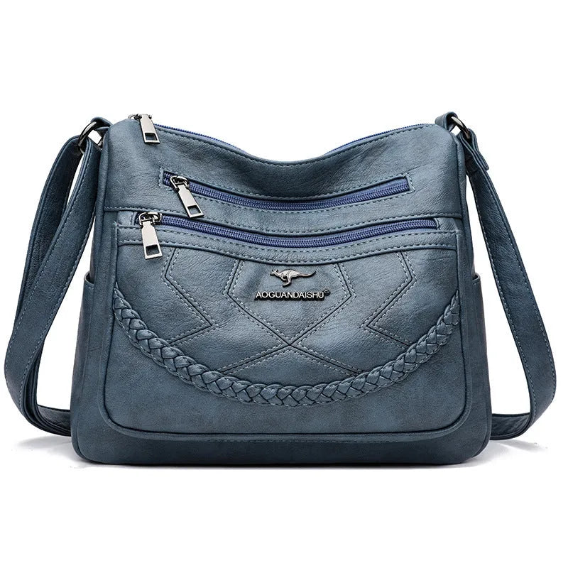 Soft PU leather shoulder bag in horizontal square shape with large capacity and zippered compartments