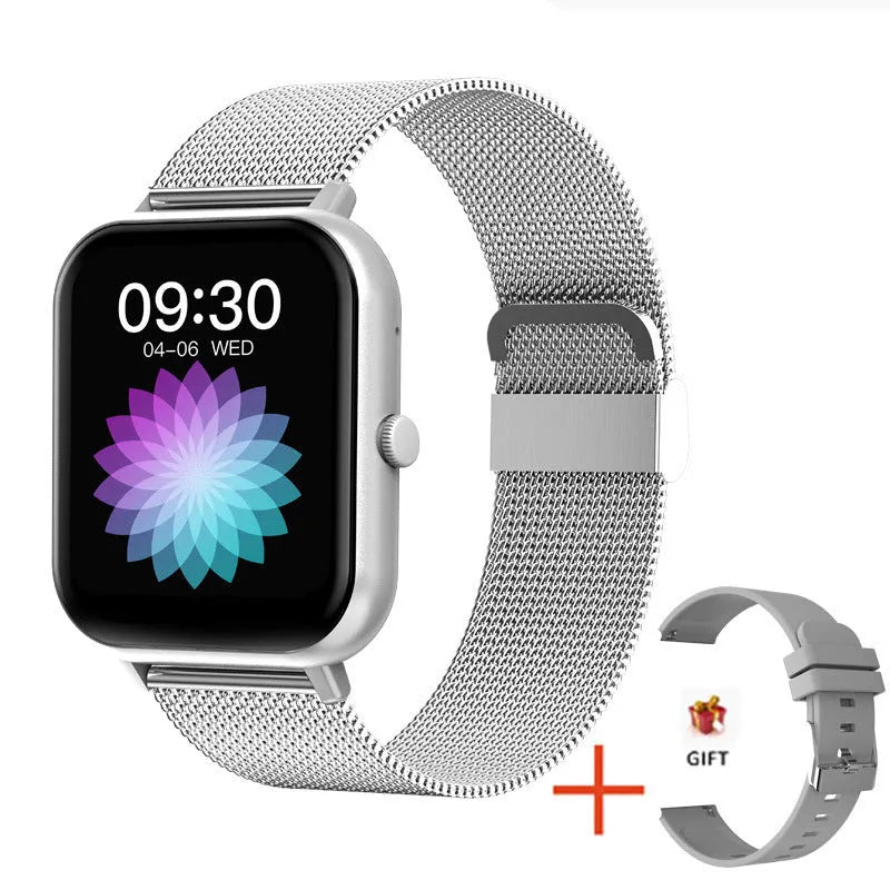 Smart watch with AMOLED display showing health metrics including heart rate, blood pressure and blood oxygen readings