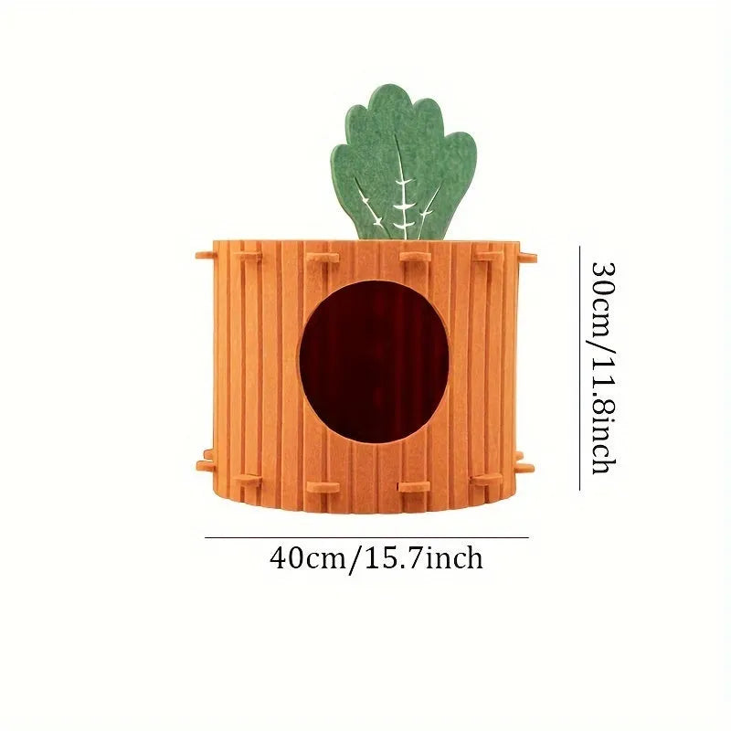 Carrot-shaped soft grey felt cat tunnel with openings, shown in two size options for indoor cats.