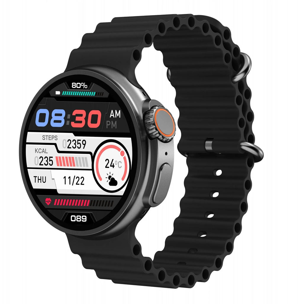 K9 smart watch with round screen and silicone strap, showing health stats and NFC payment icon on display.