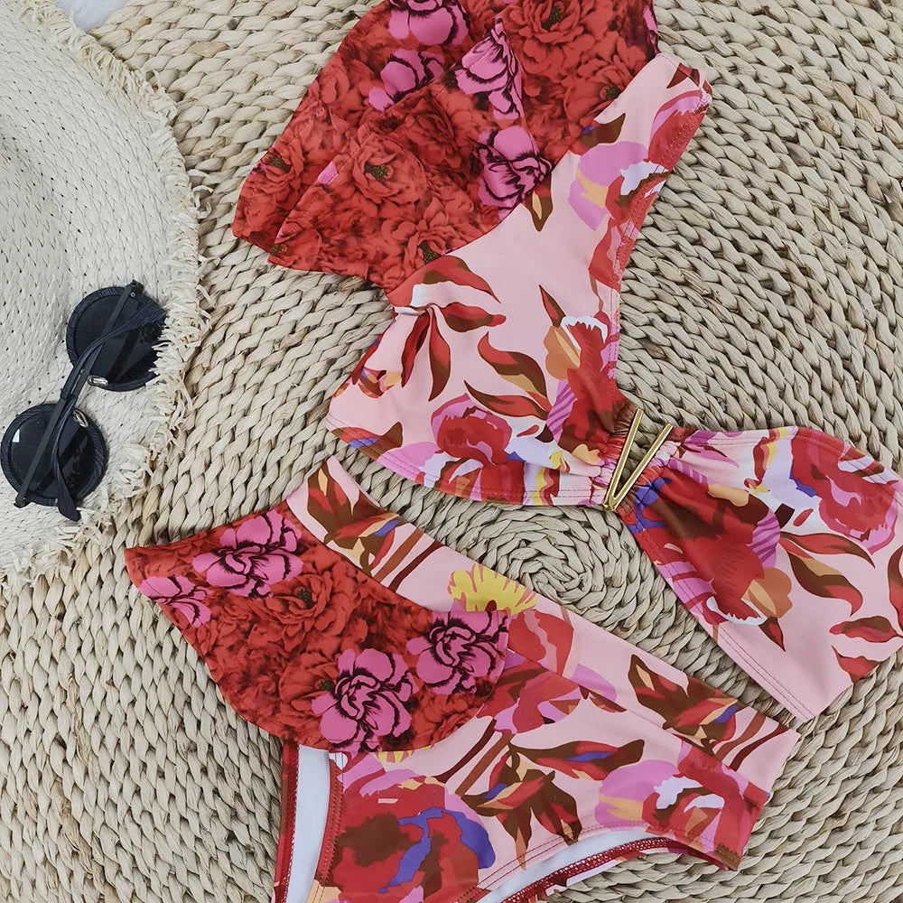 Women's pink floral one-shoulder ruffled bikini with high-waist briefs
