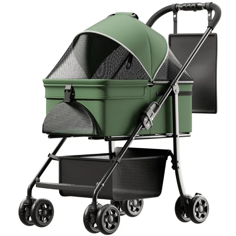 Black one-click folding metal pet cart in Black Warrior basic style, shown with detachable components.