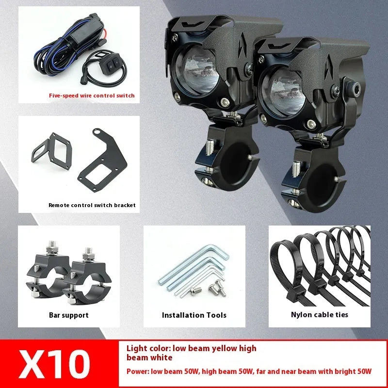 Motorcycle LED spotlight kit with tangent lens for electric vehicle modifications
