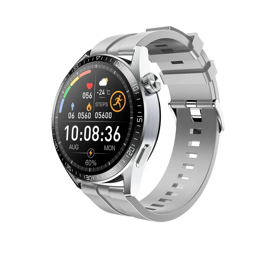 GS3 Max smartwatch with black silicone wristband showing touch screen display with health metrics