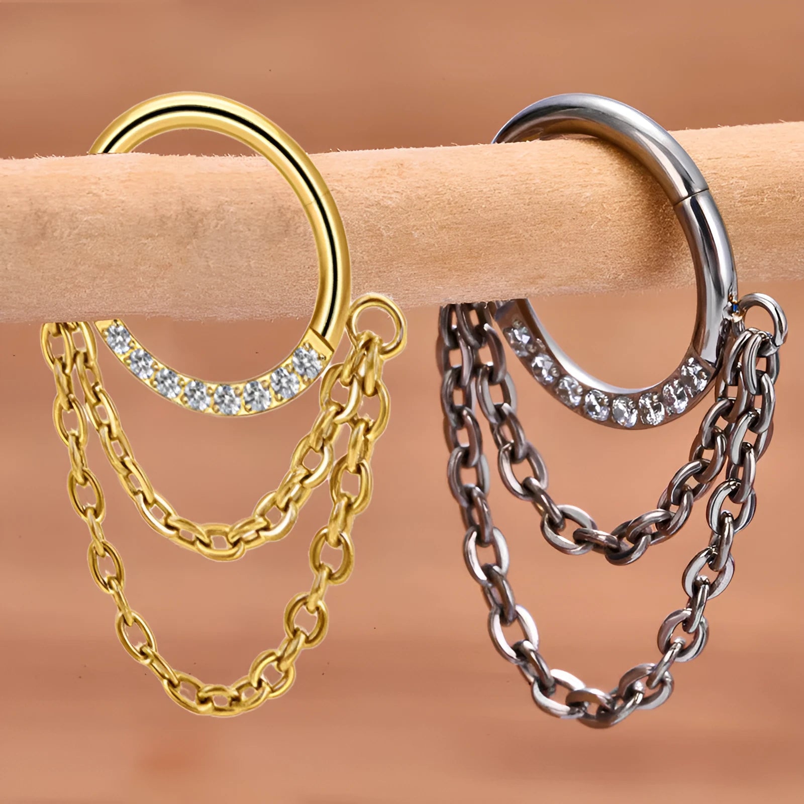 Chain inlaid zircon nose ring earring made from titanium alloy with round shape and simple unisex design