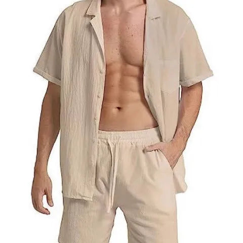 Men's flax short-sleeved top and shorts set for summer sports in army green.