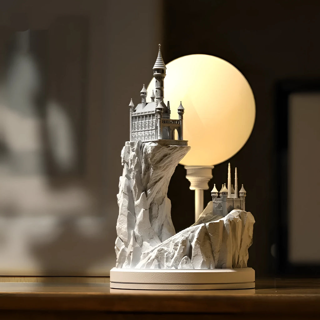 White composite gypsum table lamp with wire control switch on wooden surface