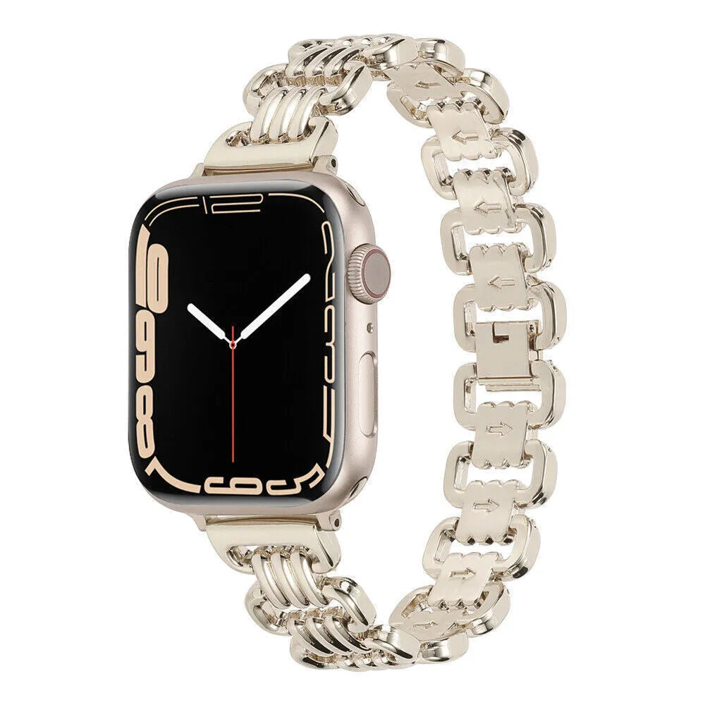 Alloy metal replacement bracelet for Apple Watch in silver, black, gold, rose gold and Starlight colours.