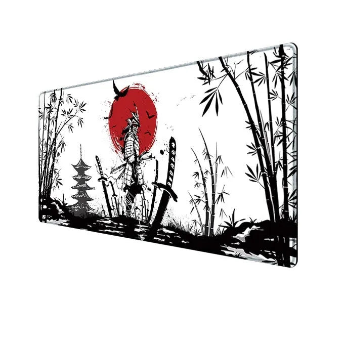 Japanese samurai design cloth gaming mouse pad on a desk, showing non-slip base and thermal transfer print detail.
