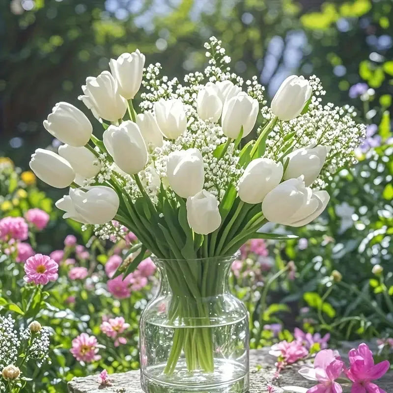 Tulip starry combination artificial flower bridal bouquet thirty piece set plastic flocked blooms photography prop