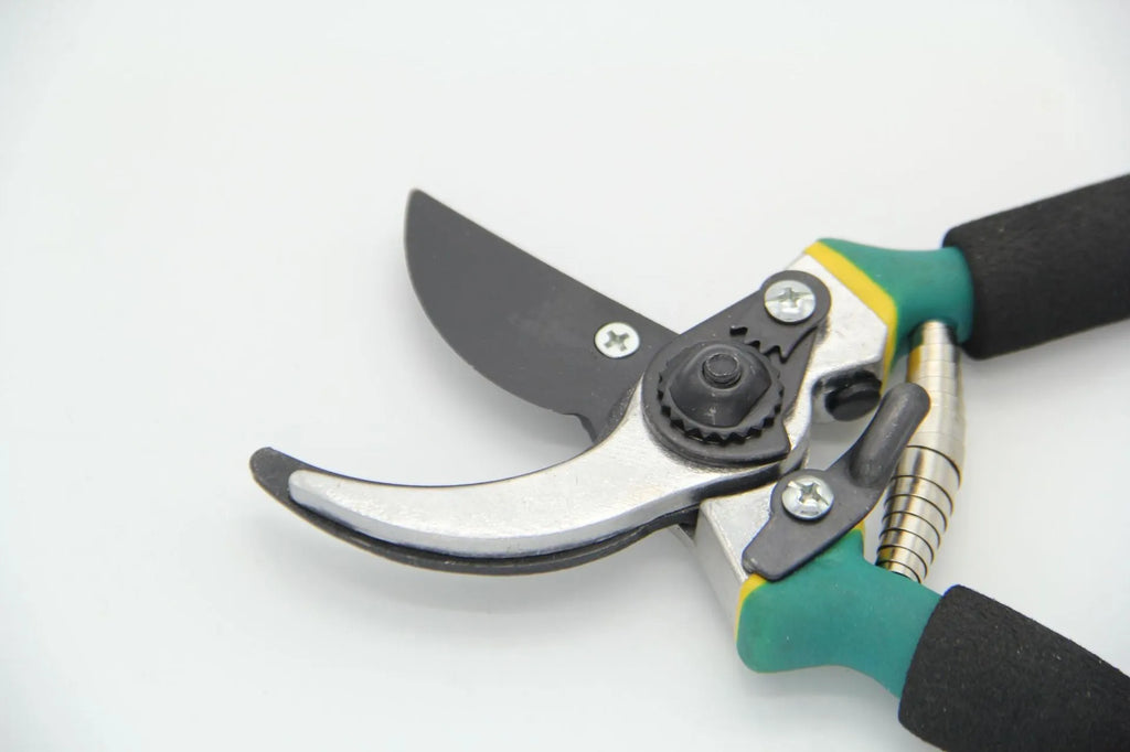 Yellow garden pruning shears with PVC handles and Teflon-coated steel blades for trimming fruit tree branches