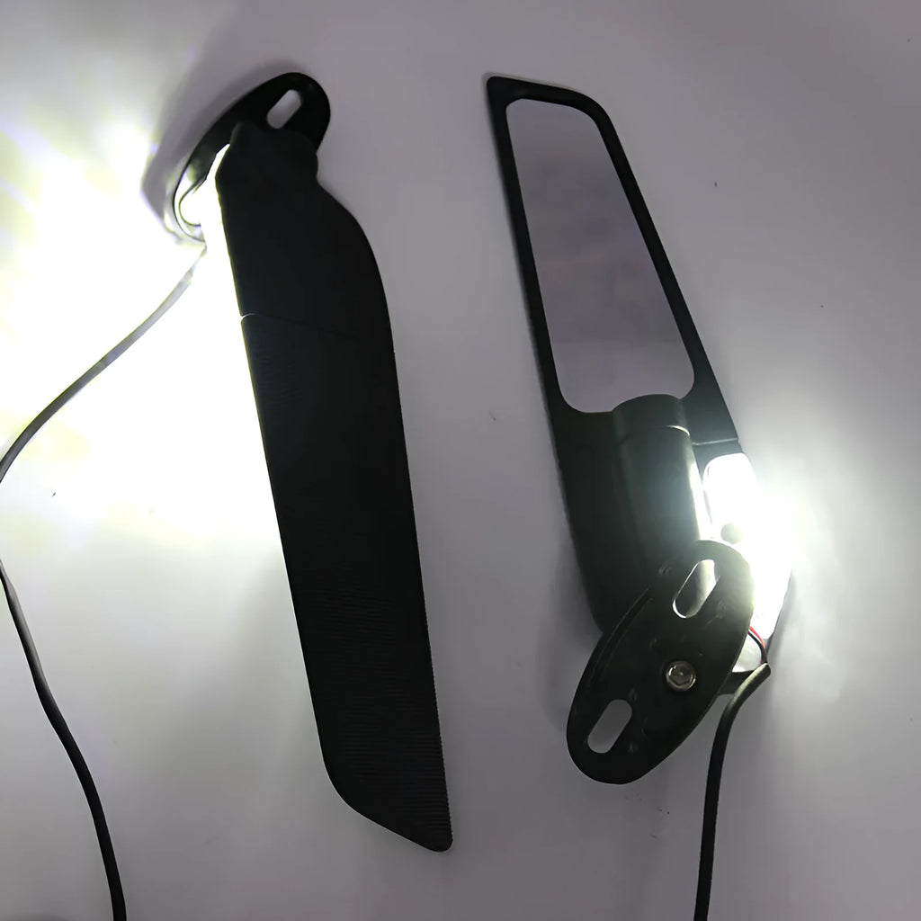 Pair of yellow aluminium motorcycle rearview mirrors with convex glass and integrated reflector lights