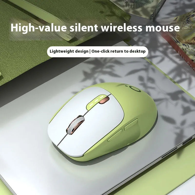 Mute wireless Bluetooth mouse in Matcha Green colour with five-button layout on office desk