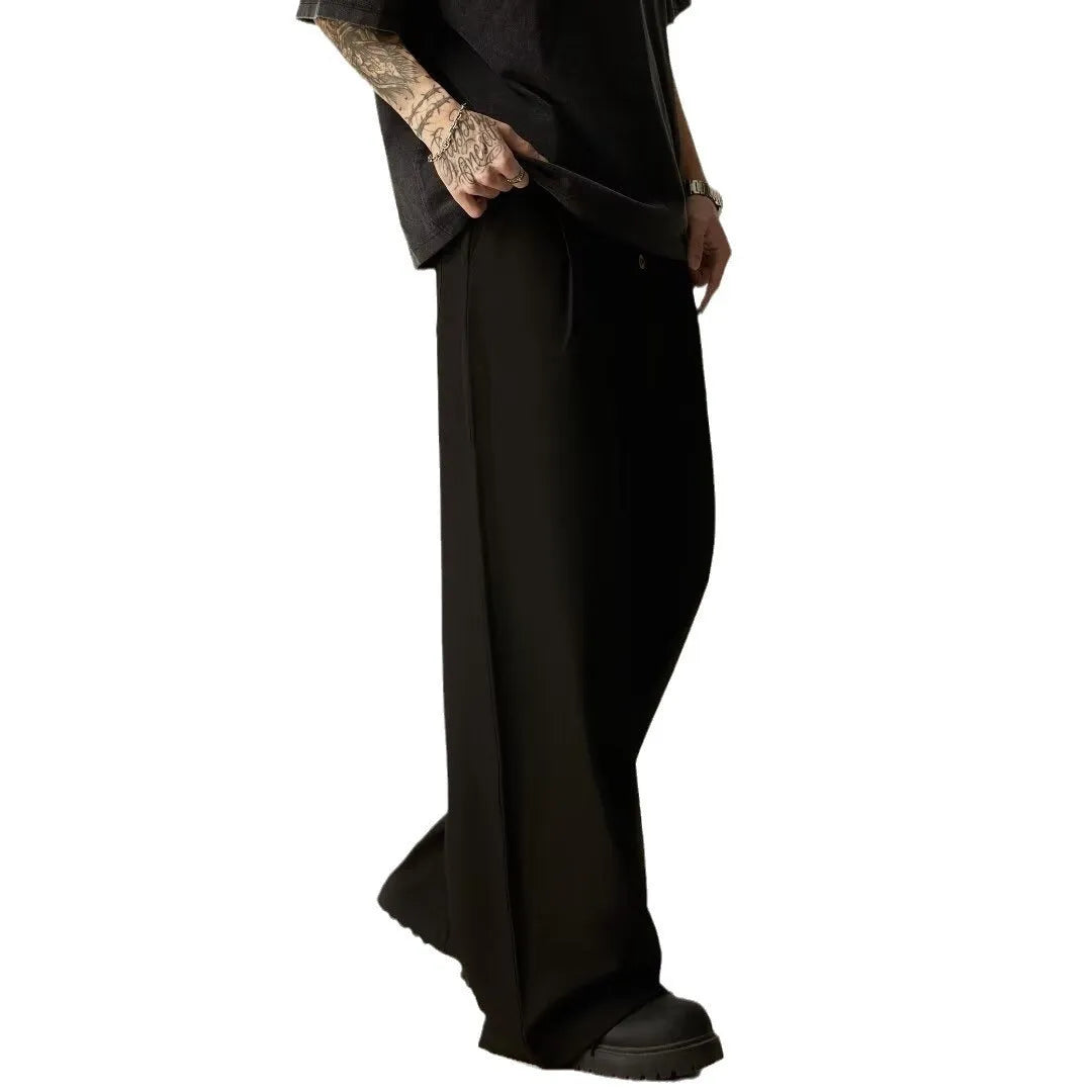 Men's black straight-leg casual trousers with elasticated waistband and polyester cotton blend fabric