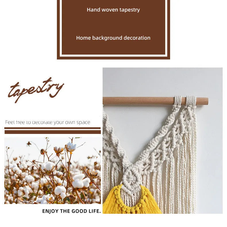 Hand-woven cotton Nordic tapestry 120x95cm creamy white with yellow woven accents