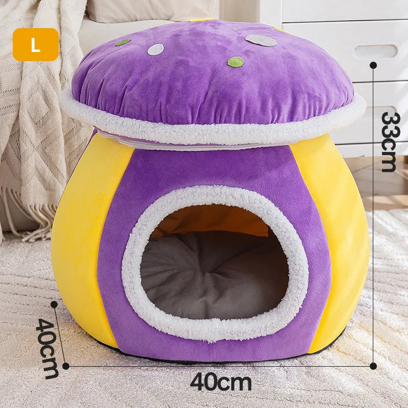 Purple mushroom-shaped plush cat bed for small pets on a grey background.