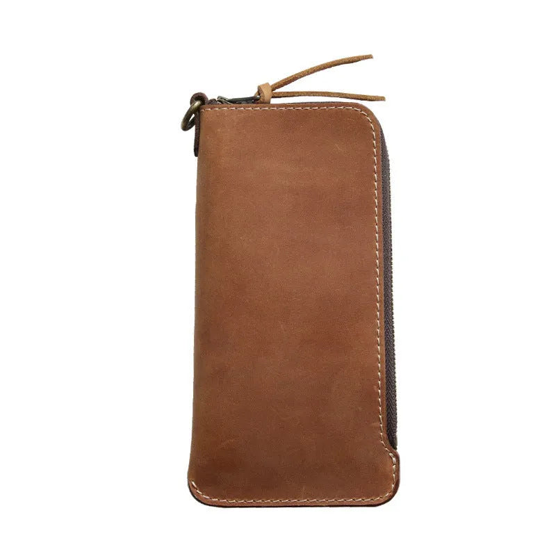 Men's genuine leather zip wallet 18cm top layer cowhide dark brown Crazy Horse leather sewing line detail