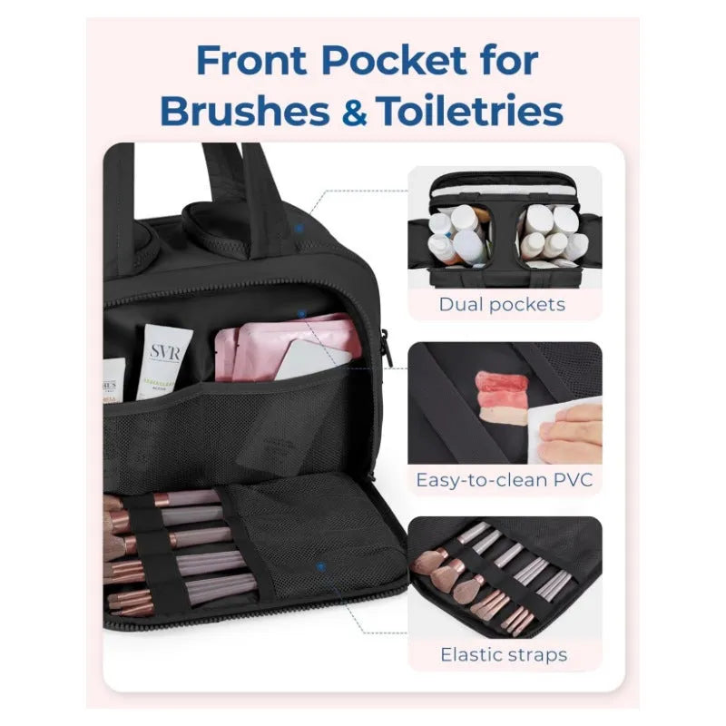 Large open-top travel toiletry bag in black polyester with fluffy texture, showing ample storage space.