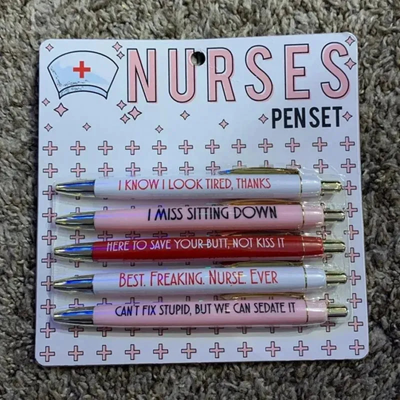 Set of five nurse-themed ballpoint pens with humorous nursing copywriting printed on plastic barrels