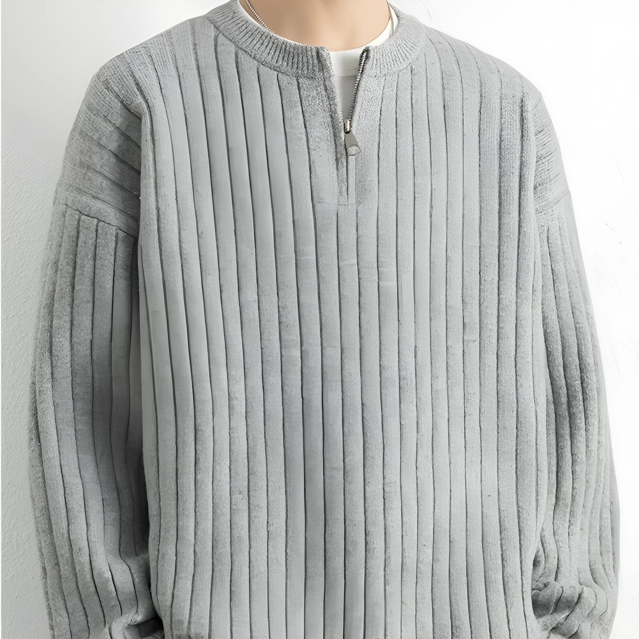 Men's grey textured half zip sweater pullover with loose fit design