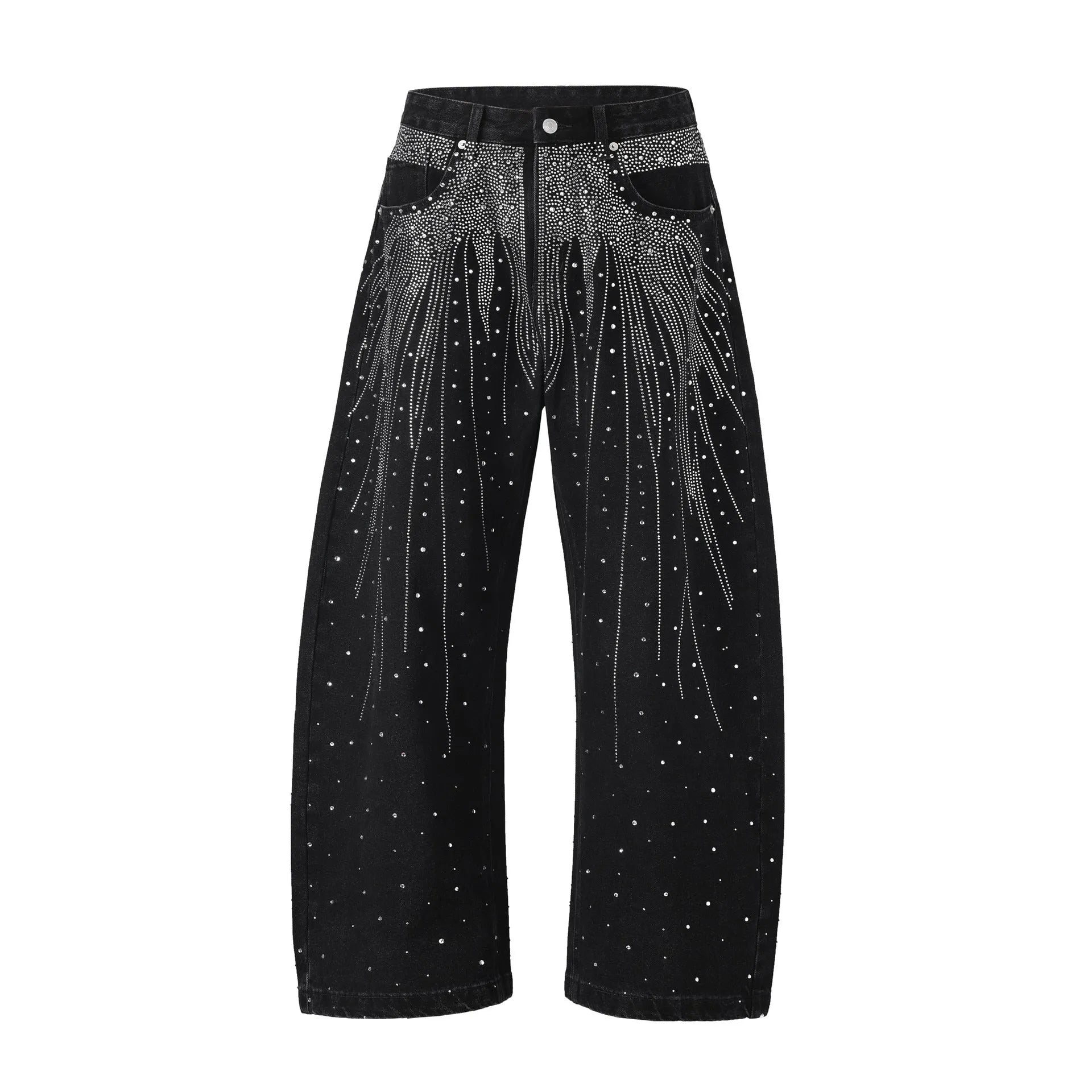 Blue and black loose-fitting cotton wide-leg trousers on hanger showing waist sizes 30-36