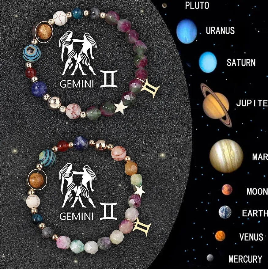 Two adjustable natural stone beaded bracelets showing zodiac sign designs on a neutral background