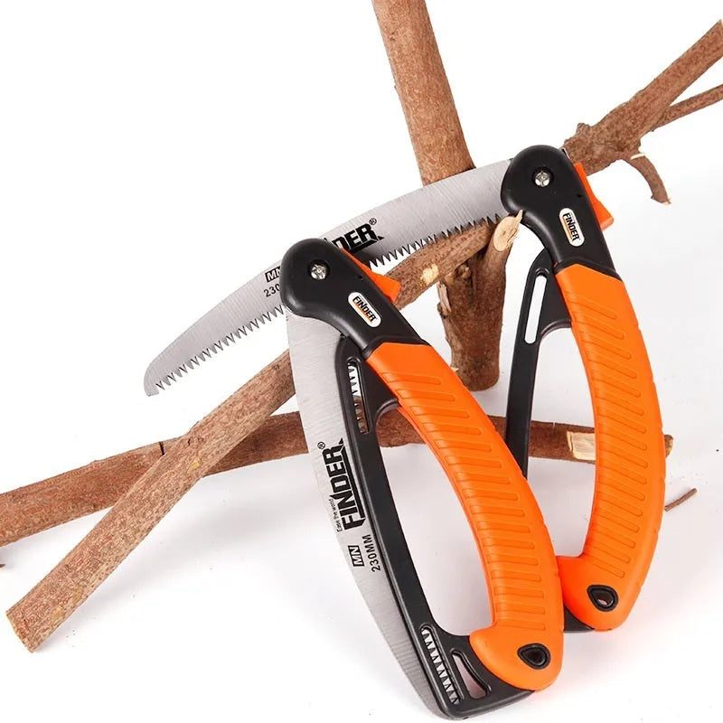 A folding garden hand saw with a TPR rubber handle and a 230mm metal blade, shown both open and closed.