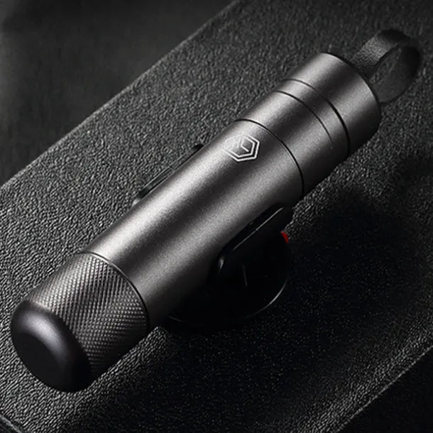 Gun grey aluminium alloy car safety hammer with window breaker and seatbelt cutter measuring 87mm long