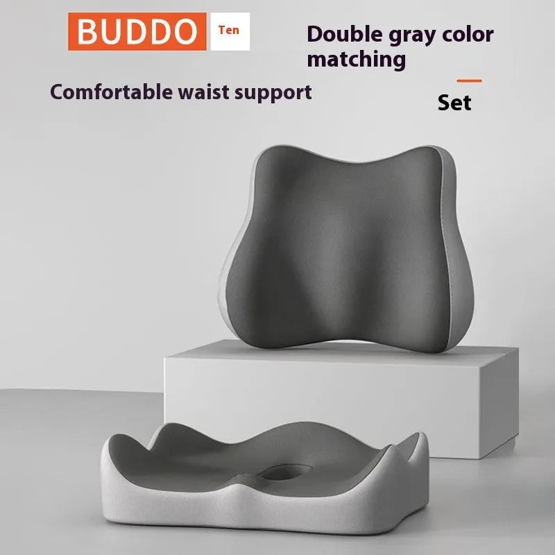 Memory foam seat cushion with waist rest for office sitting support in grey and black colour combination