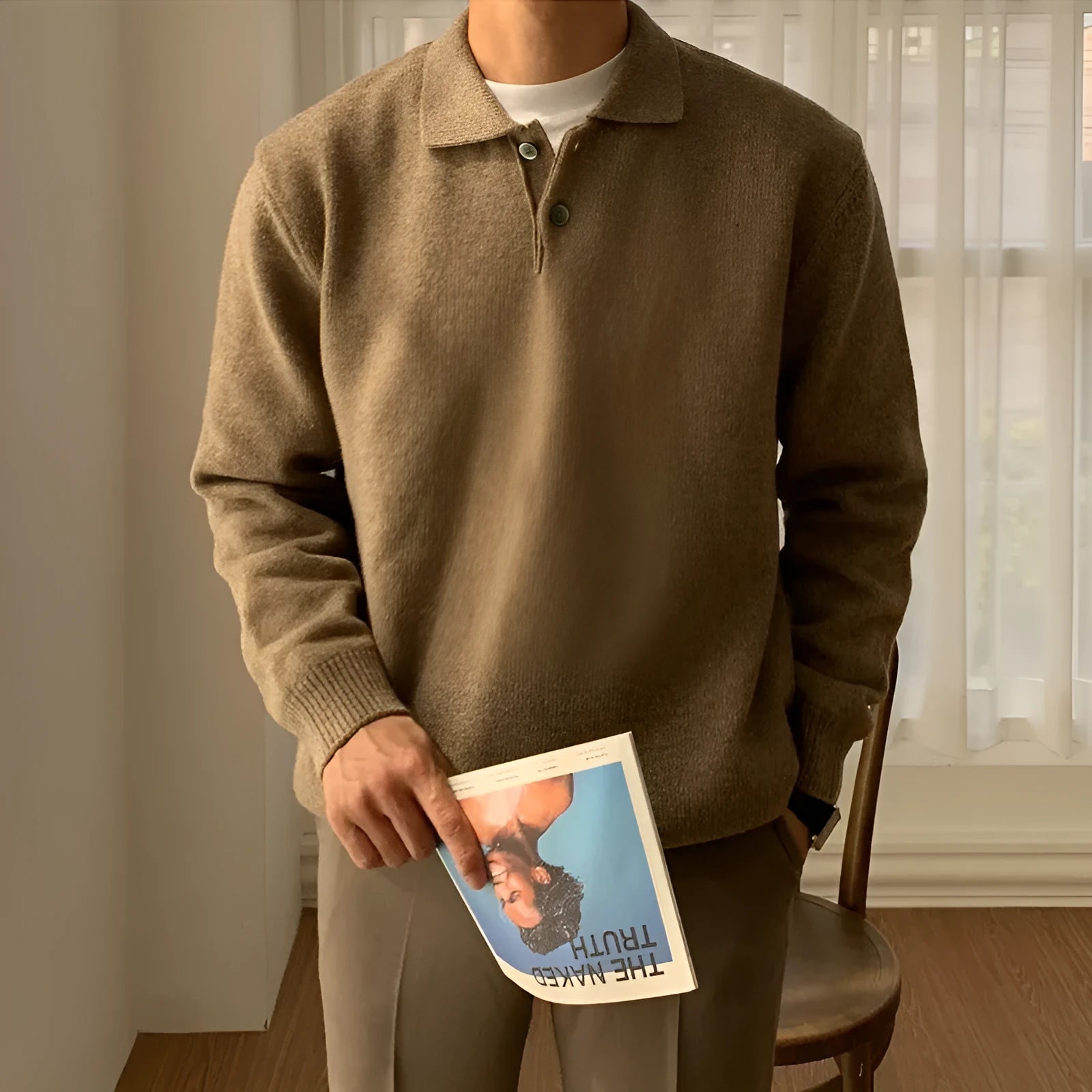 Men's loose lapel polo sweater in beige, polyester long sleeve pullover, available in multiple sizes