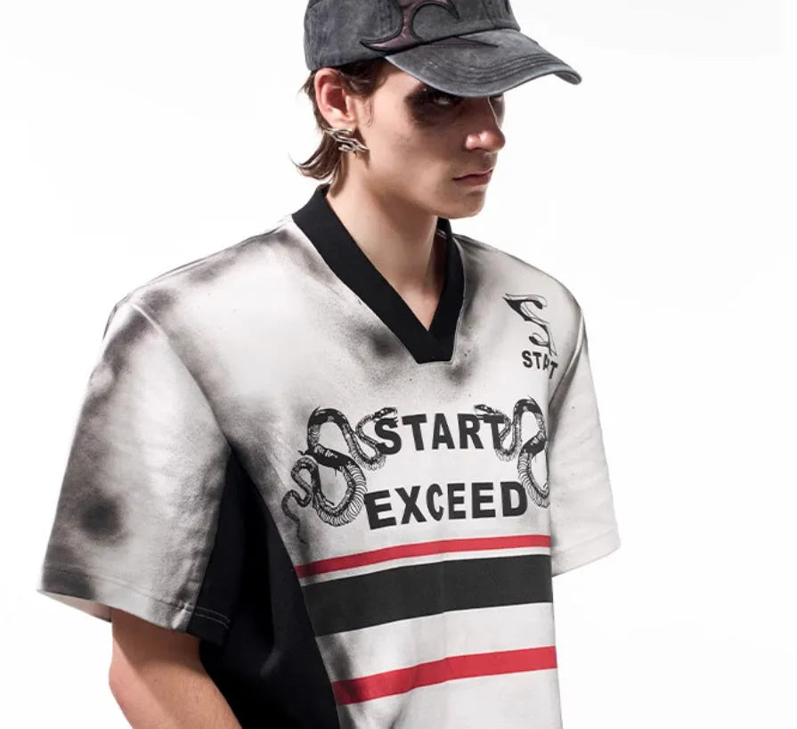 Women's V-neck short sleeve top with printed letter snake pattern and padded shoulders in Korean style.