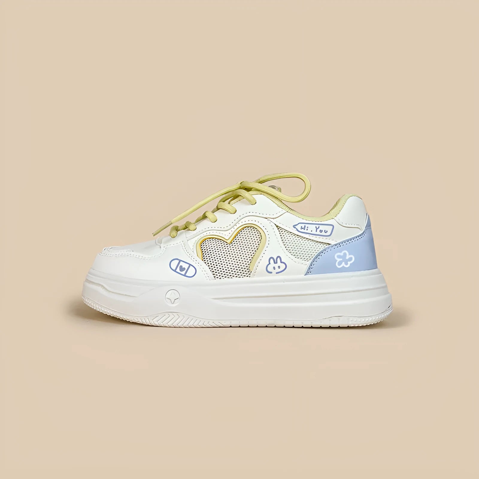 Meow Rabbit Sea Salt Cheese coloured mesh sneakers with lace-up front and rubber sole.