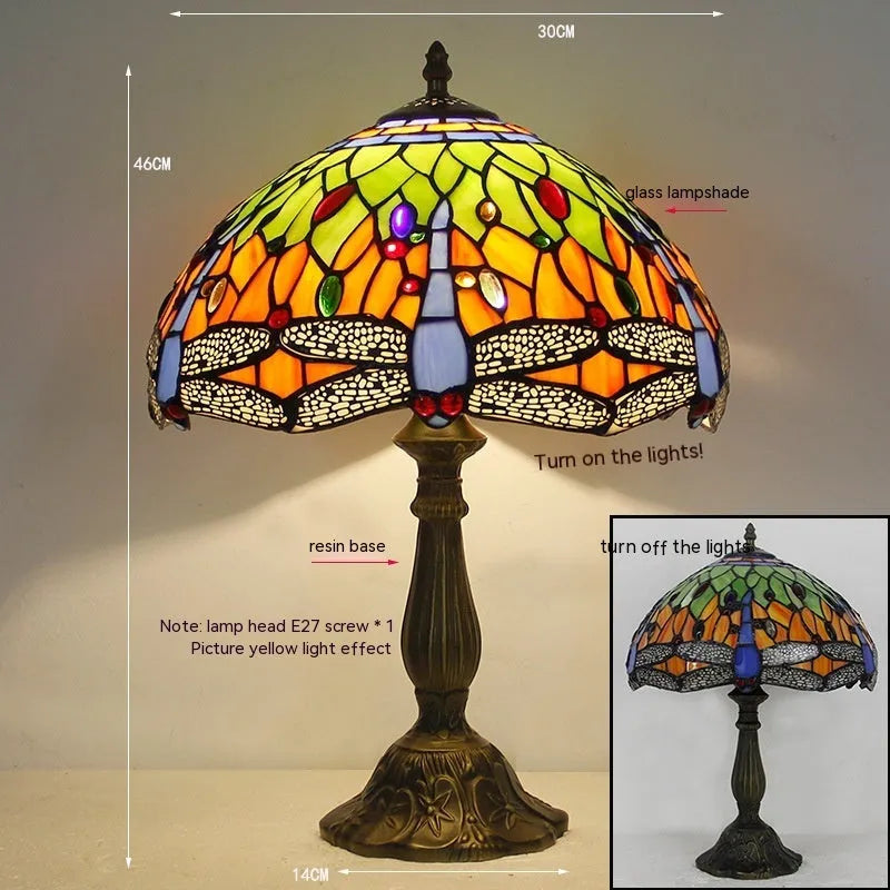 Stone table lamp with Tiffany-style dragonfly decoration in European design