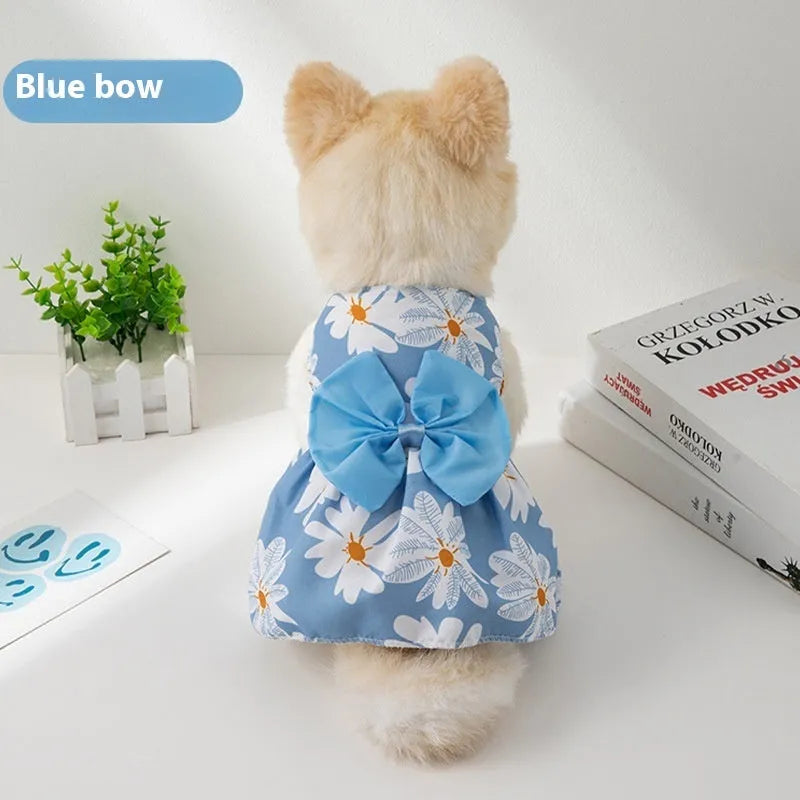 Summer pet dress with floral butterfly knot design in multiple bow colours for dogs and cats