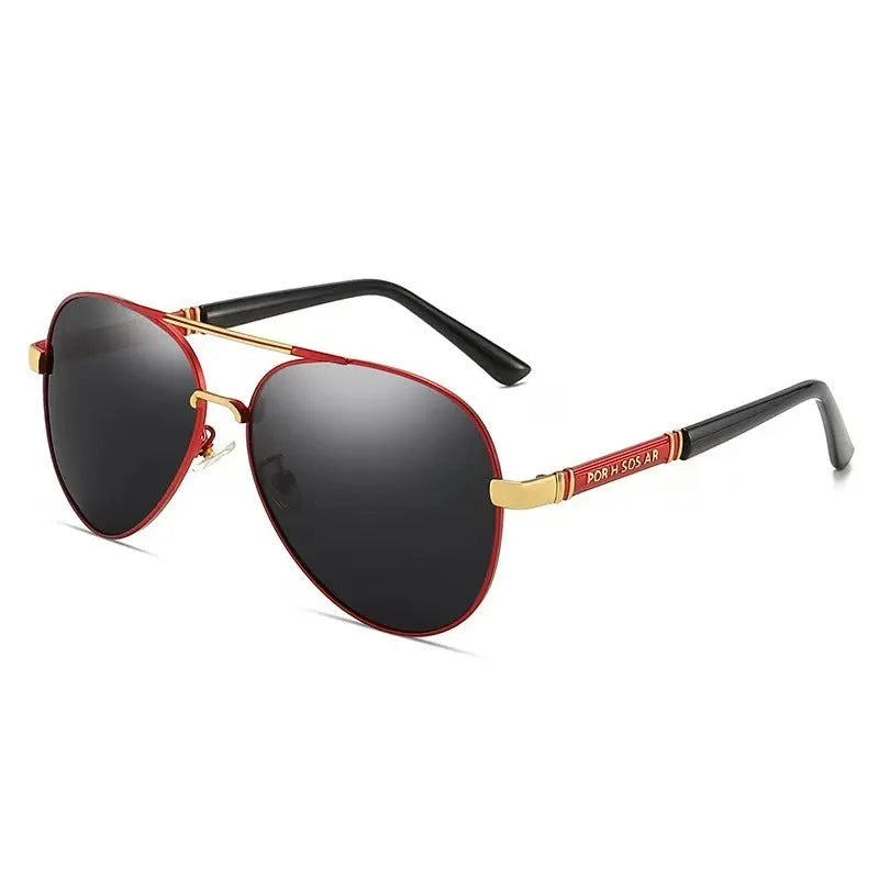 Men's metal frame polarised sunglasses with dragon and phoenix temple decoration, shown in a gold frame with dark lenses.