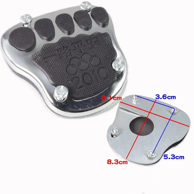 Metal motorcycle brake pedal skid plate showing three design options: Foot Pedal, Square Foot Pedal, and Small Brake Plate