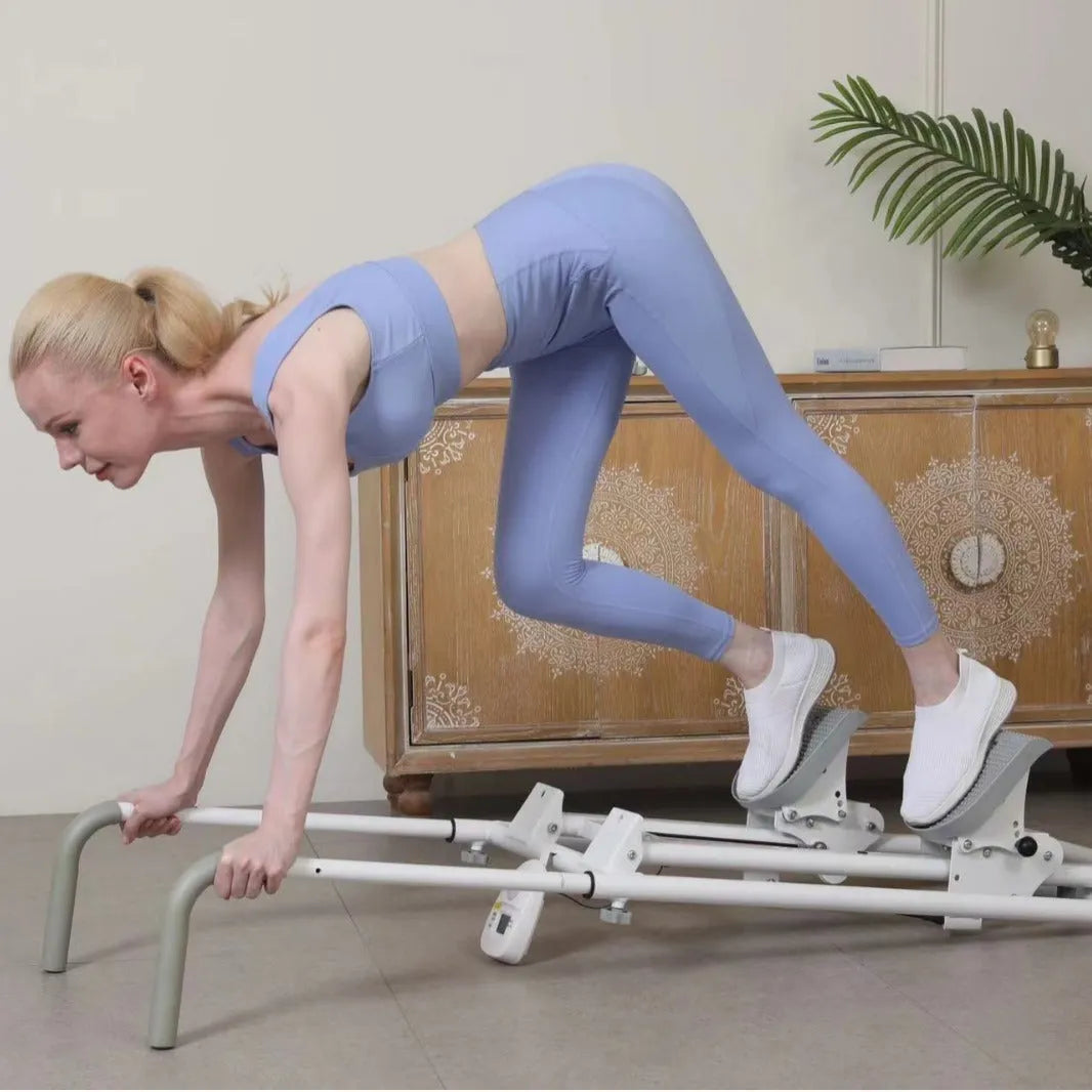 White foldable treadmill with integrated climbing frame for home fitness exercises
