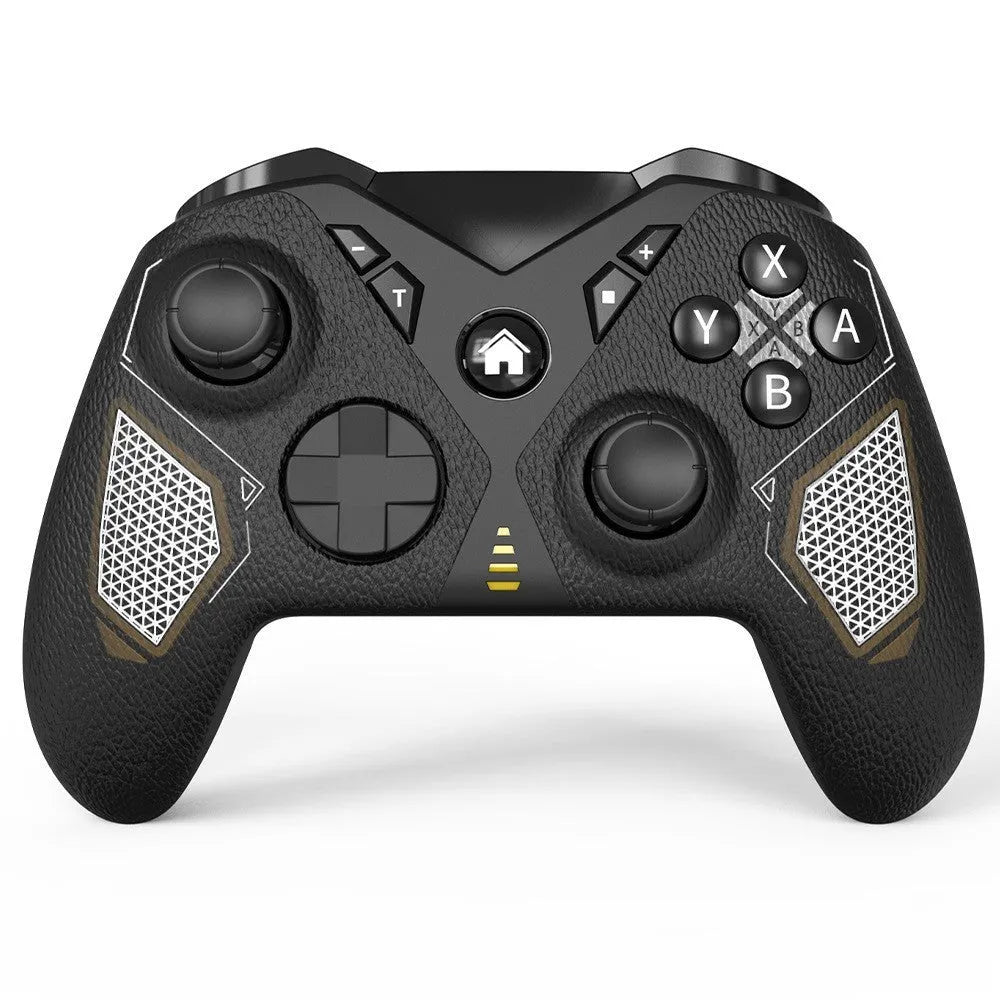 Black wireless game controller with leather pattern grip for Nintendo Switch and mobile devices.