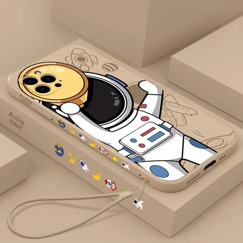 Silicone phone case with cartoon astronaut and planet design for iPhone.