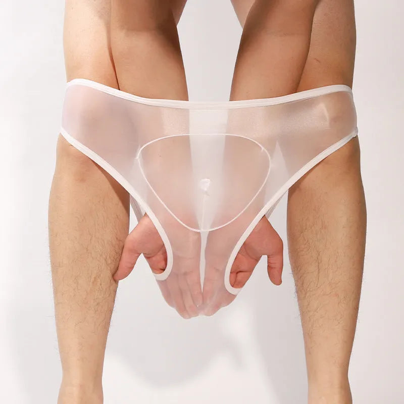 Ultra-thin silky nylon men's briefs with bullet separation design in multiple colour options.