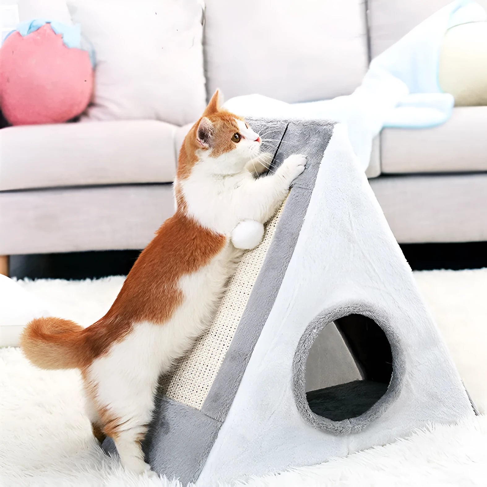 Grey and white triangular cat bed with sisal scratching surfaces, shown next to a light brown and beige version.