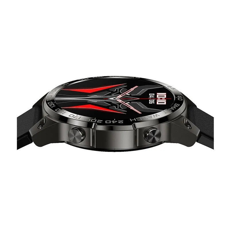 Black Bluetooth smartwatch with round AMOLED screen on a silicone strap, showing fitness stats.