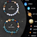 Twelve zodiac sign bracelets with natural stone beads on elastic cords showing all astrology symbols