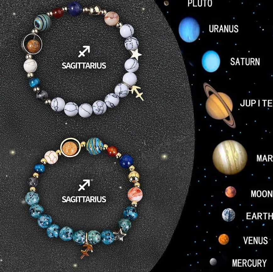 Twelve zodiac sign bracelets with natural stone beads on elastic cords showing all astrology symbols
