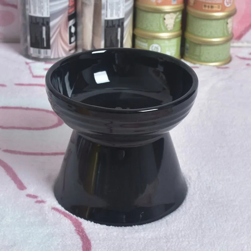 Black ceramic pet bowl with high foot neck protector design for dogs and cats