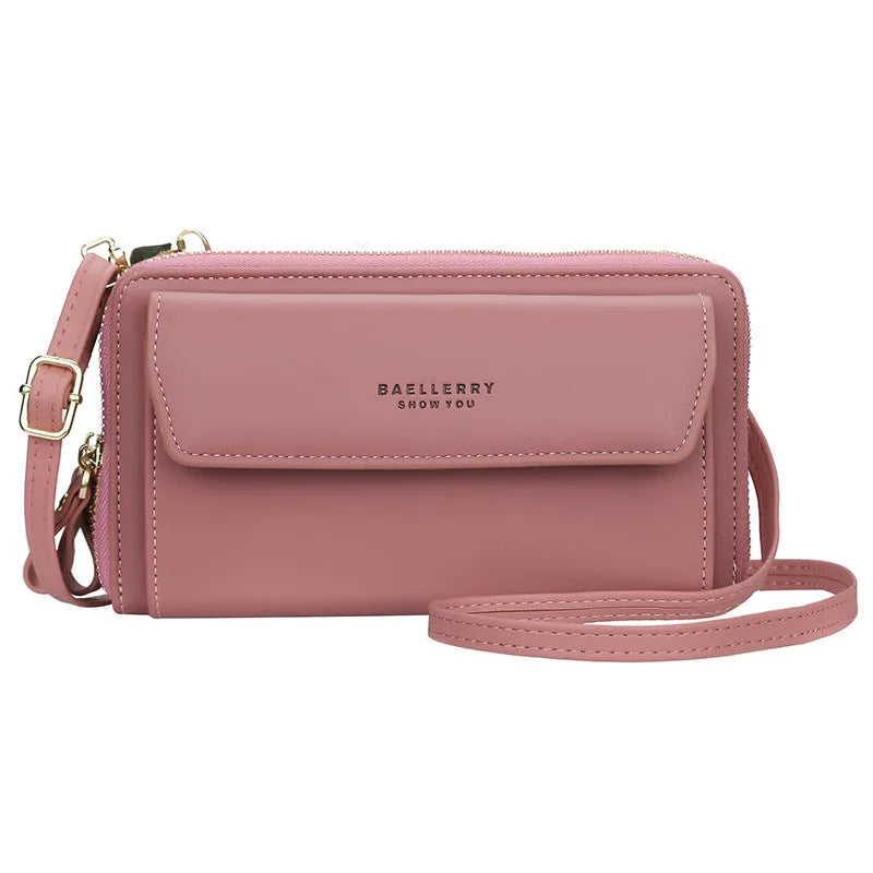 Ladies long wallet messenger bag in PU leather with double zipper, shown in multiple colour options